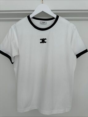 Celine White T-Shirt with Black Trim and Logo
